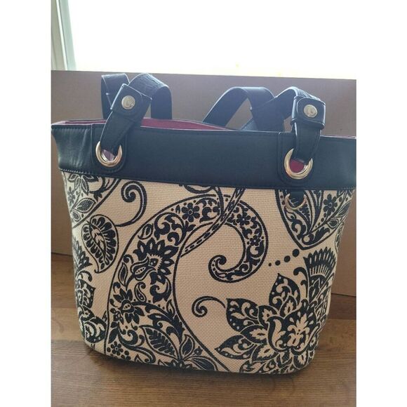 Spartina 449 Handbags - Spartina 449 Black/ Cream Paisley Tote bag snap closure Natural linen/leather